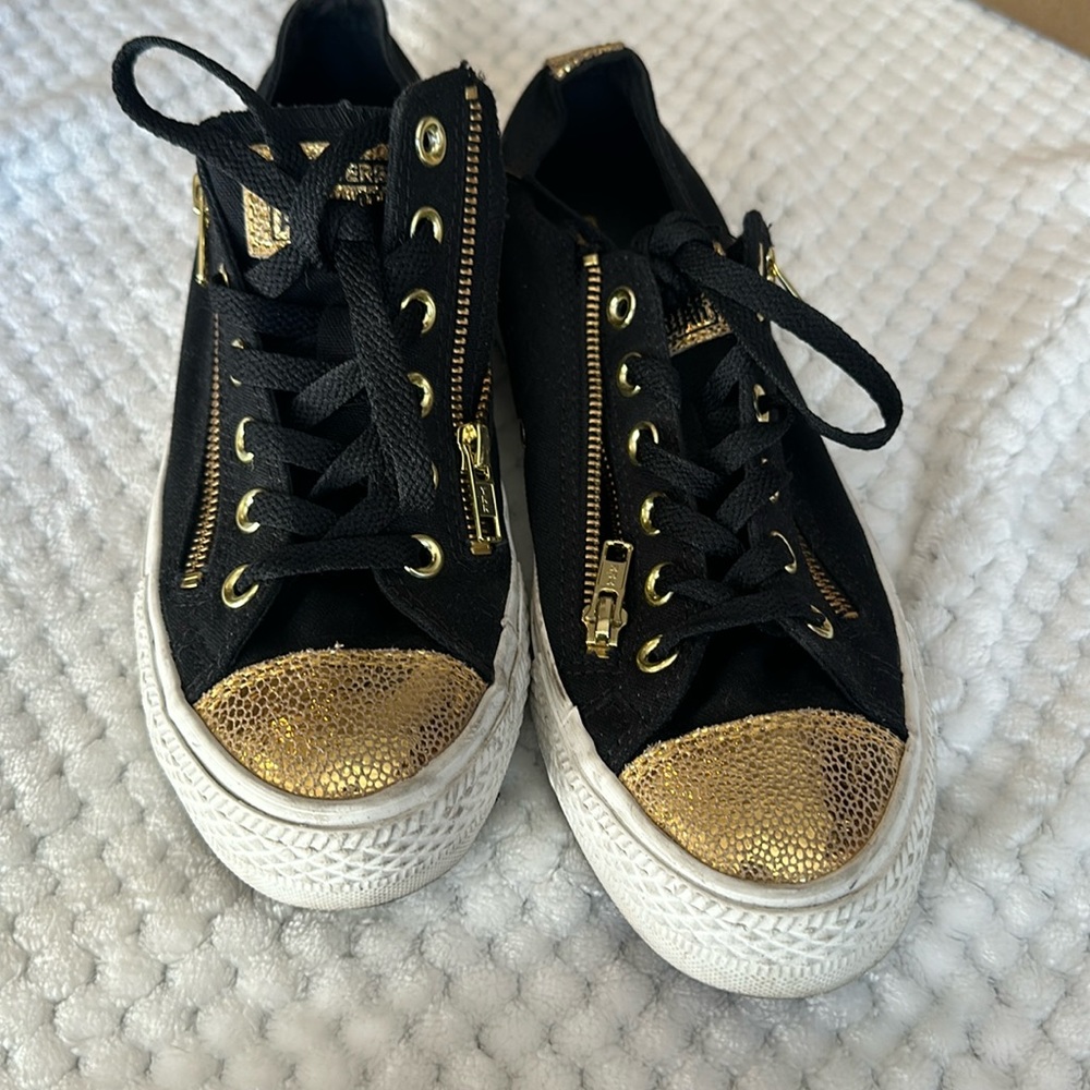 Women’s Black and Metallic Gold Converse Double Zip, size 8.5